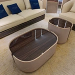 Luxury Nesting Coffee Tables with High-Gloss Natural Wood Veneer and Soft-Tone Frame